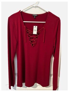 Deep red front tie, long sleeve spandex/polyester shirt. NWT